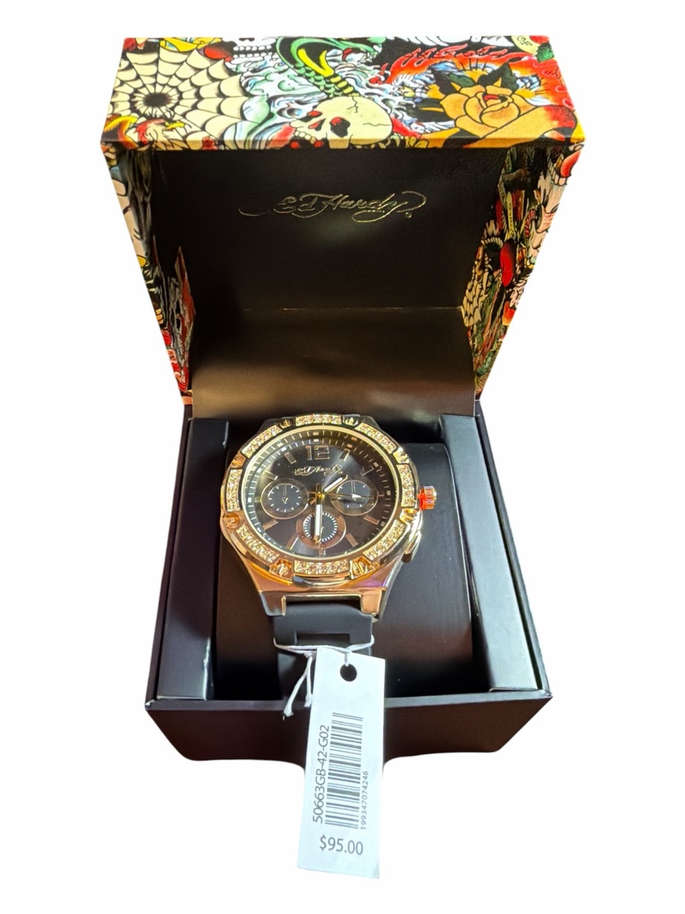 NWT Ed Hardy Gold Crystal Bezel Watch Grey Dial Silicone Strap (NIB)